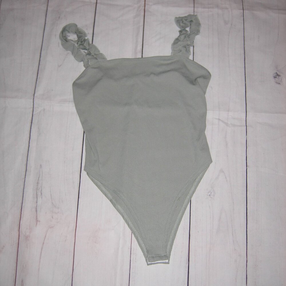 Sage Green Ribbed Ruffle Shoulder Straps Bodysuit XL